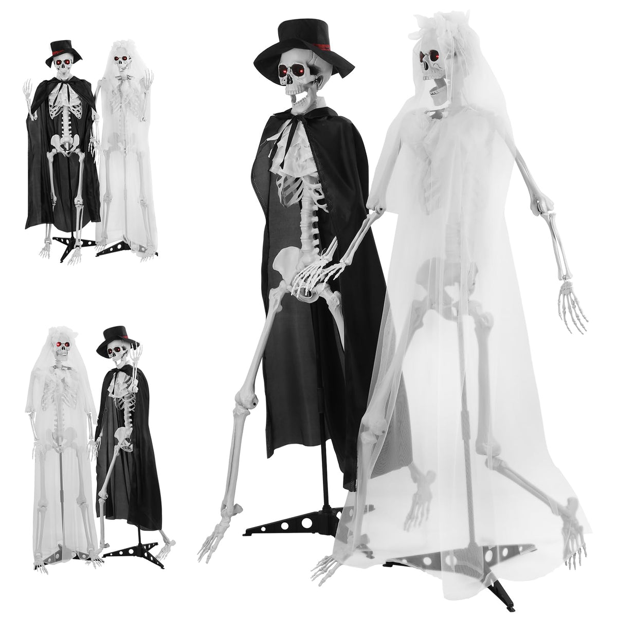 2 Pack Life Size Skeleton Bride and Groom with LED Glowing Eyes and Movable Joints D5386