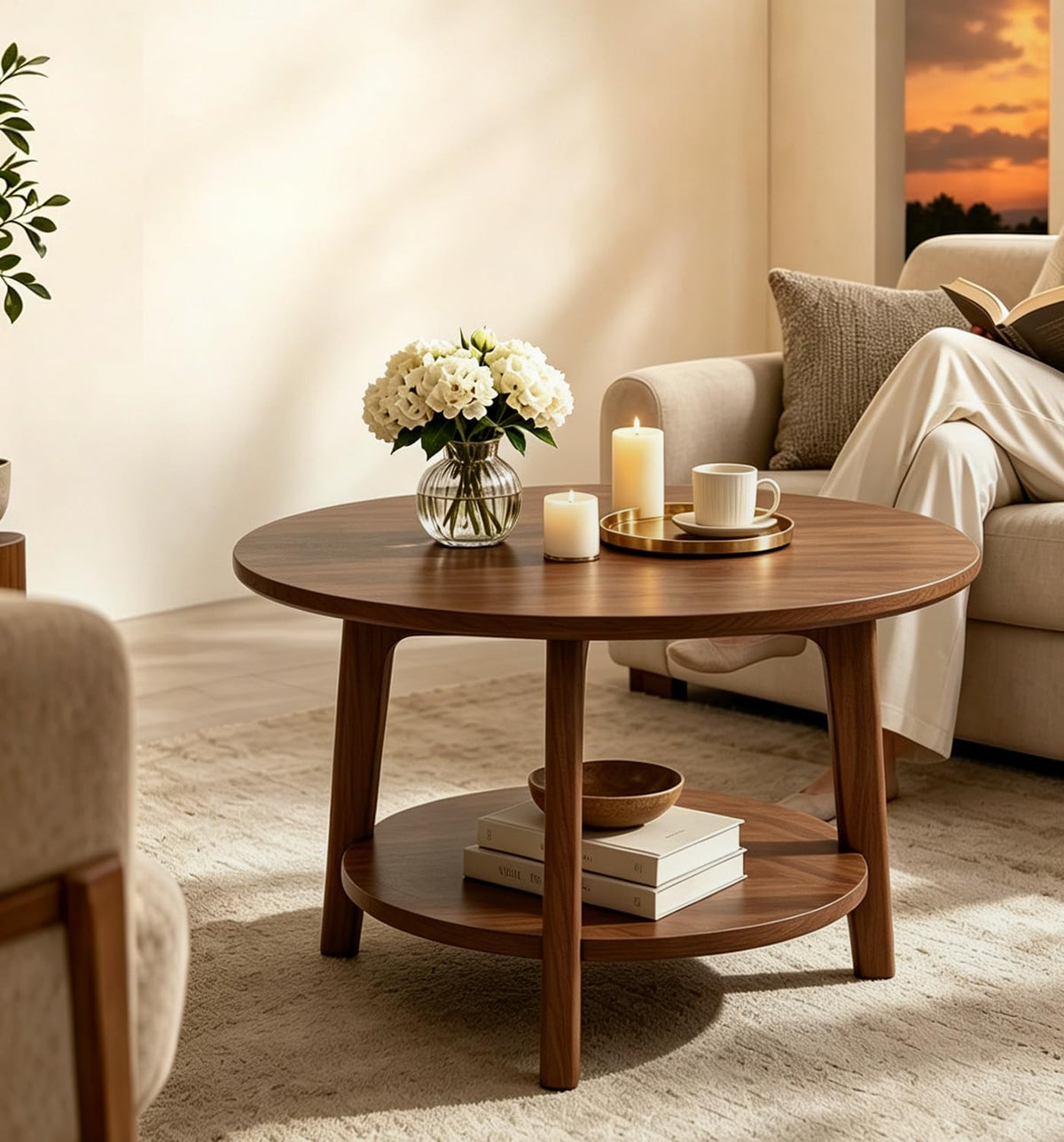 2-Tier Round Wood Coffee Table with Storage Shelf S9811