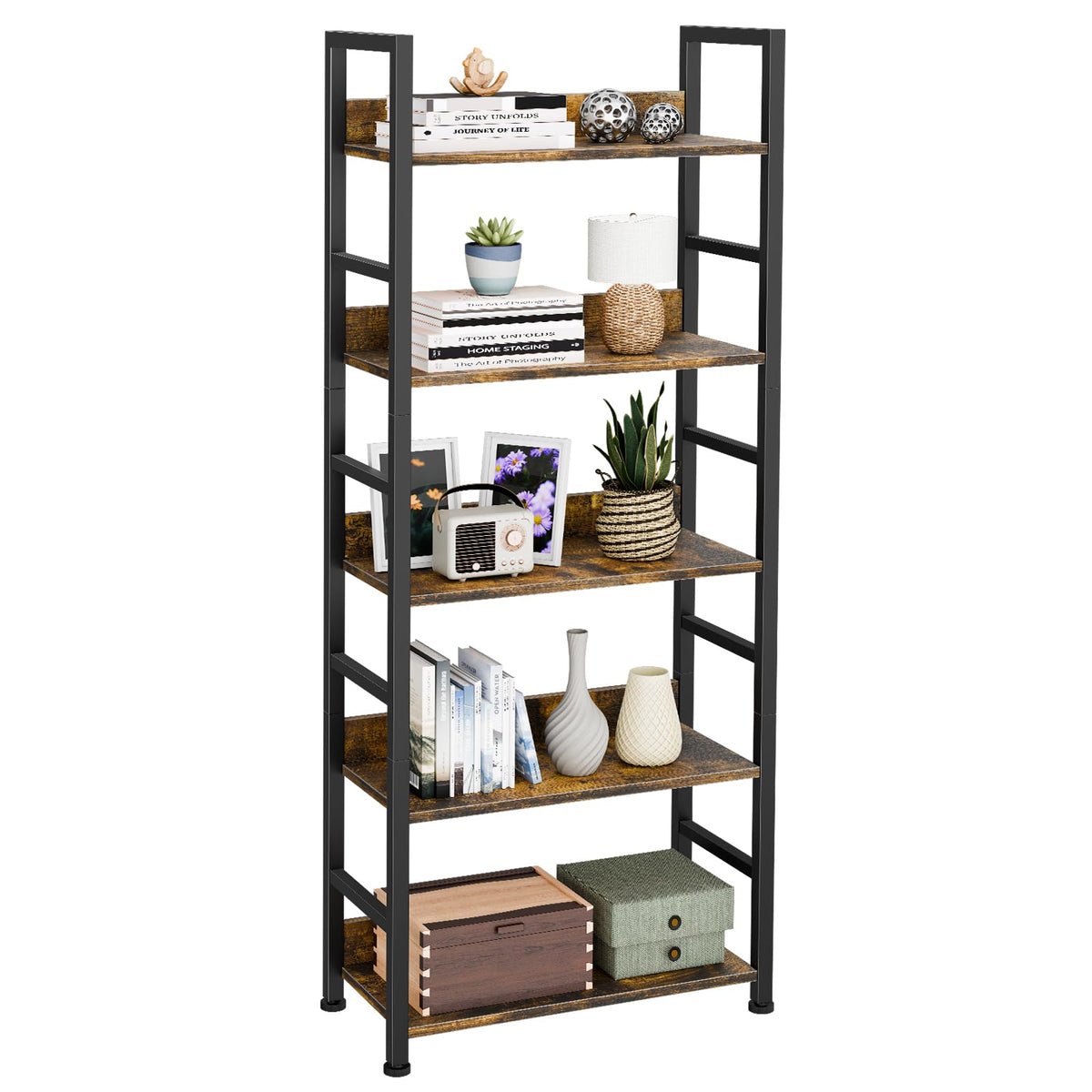 5 Tier Wood and Black Metal Bookshelf P741487