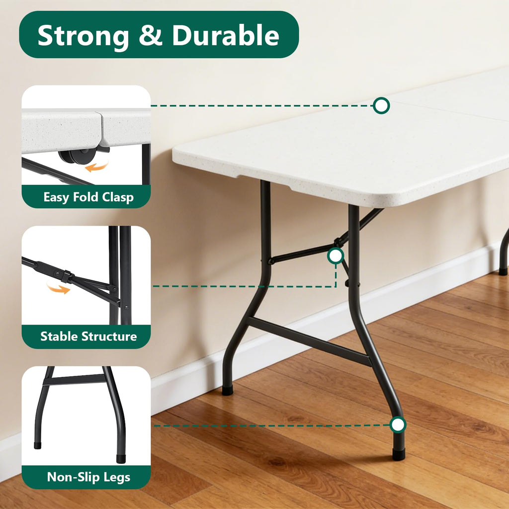 6FT Folding Table, Heavy Duty Plastic Utility Table with Handle, White, 2 Pack P349