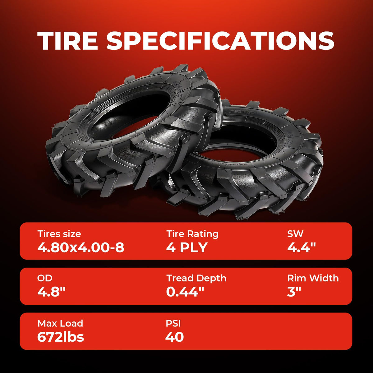 4.80x4.00x8 Lawn & Garden Mower Tires, Set of 2, 4 Ply Tubeless G910597