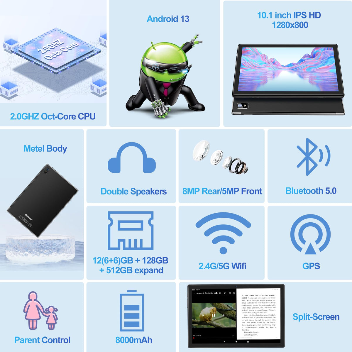 Black 12GB RAM 128GB ROM 10 Inch Android Tablet with Keyboard S847