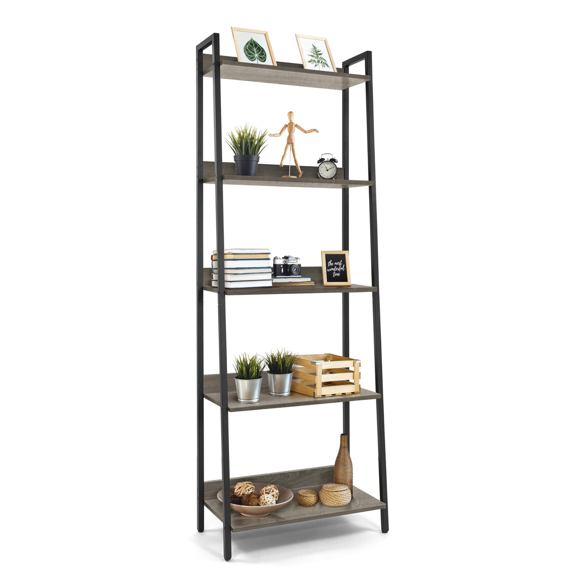 5 Tier Ladder Bookshelf, 24 Inch Free Standing Storage Rack, Dark Grey Q4671