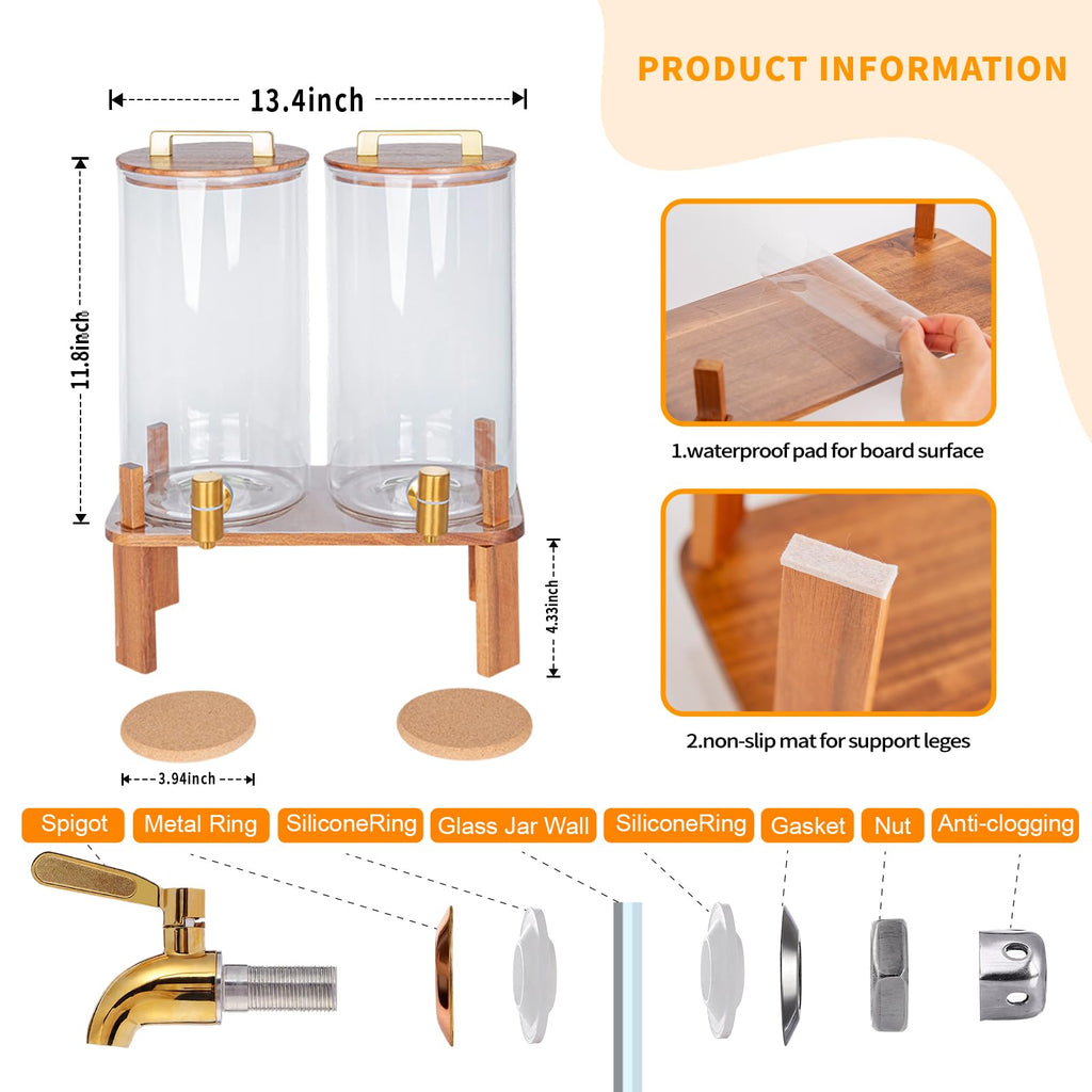 2 Pack 1.5 Gallon Glass Beverage Dispenser with Wooden Lid I562964