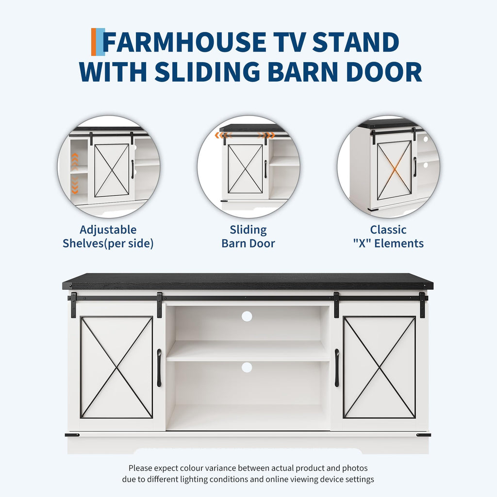 White Rustic Farmhouse TV Stand with Sliding Barn Doors L244255