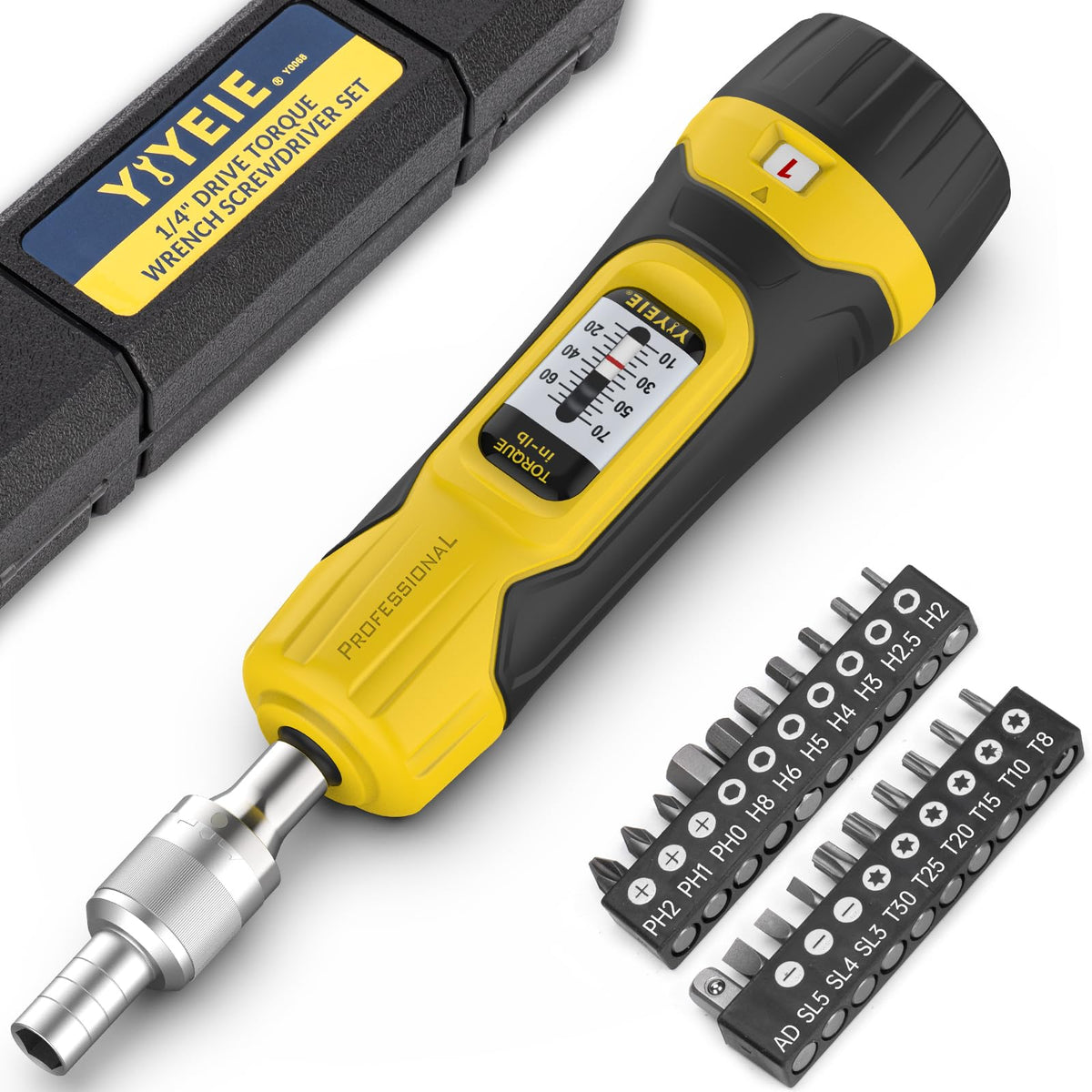 1/4" Ratchet Torque Screwdriver, 10-70 in-lbs, S2 Hex Bits M9372