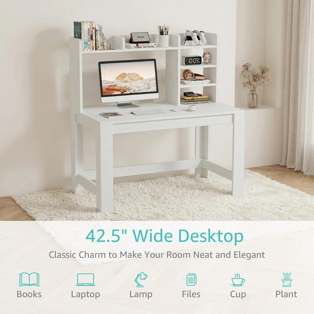White Student Desk with Hutch and Built-in Power Outlet D3681