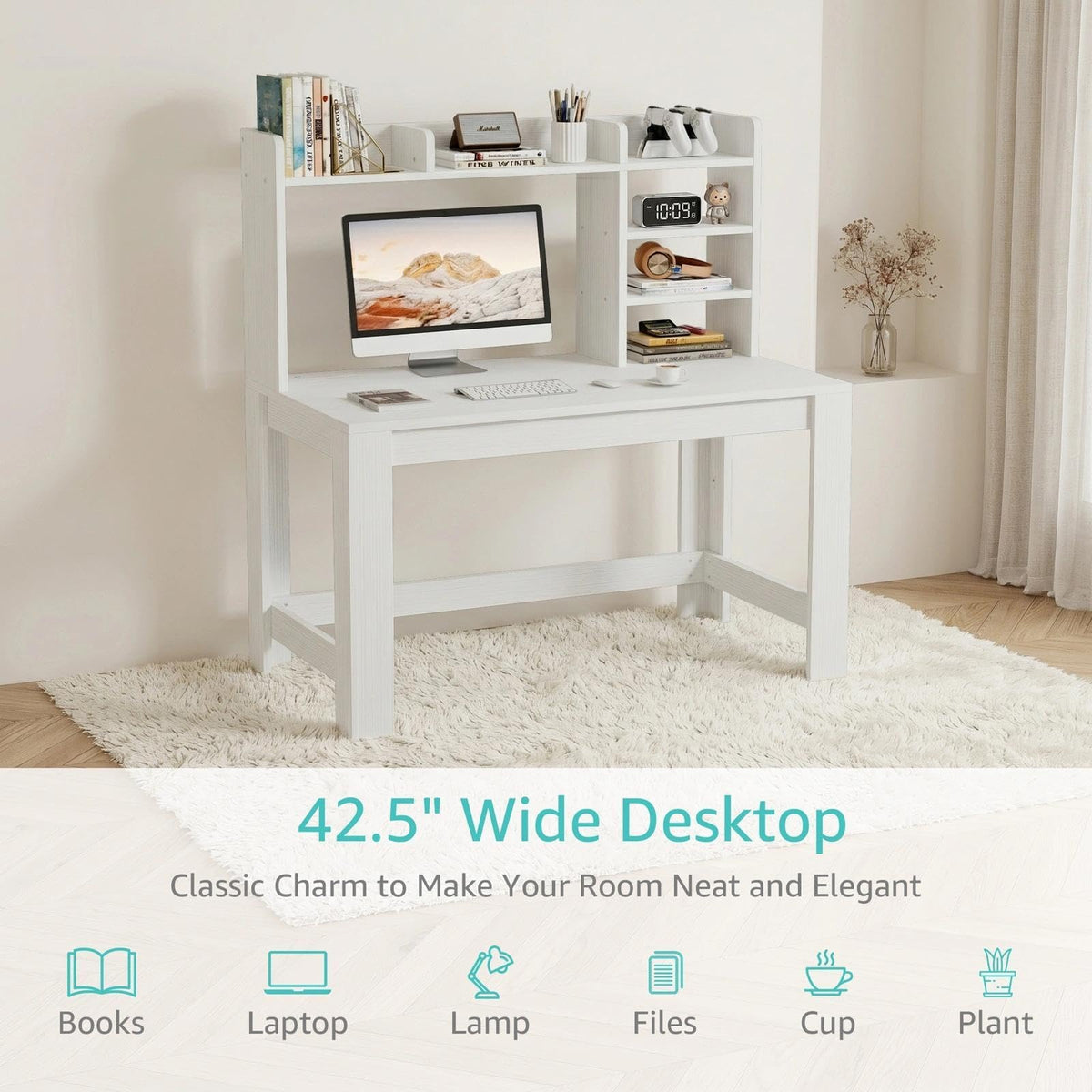 White Student Desk with Hutch and Built-in Power Outlet D3681