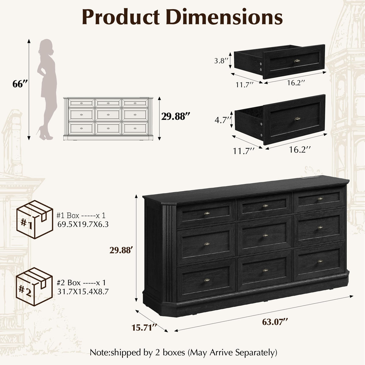 Black 9 Drawer Wood Dresser U380485