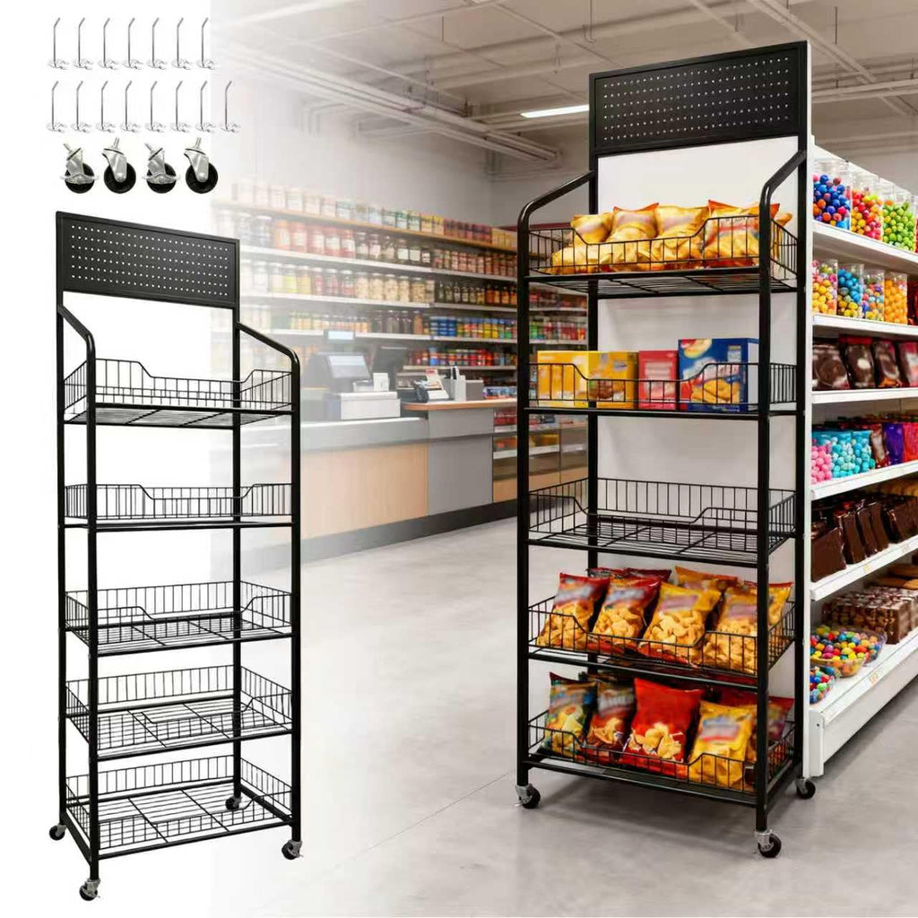 5 Tier Metal Candy Display Rack with Wheels & 15 Hooks O893233