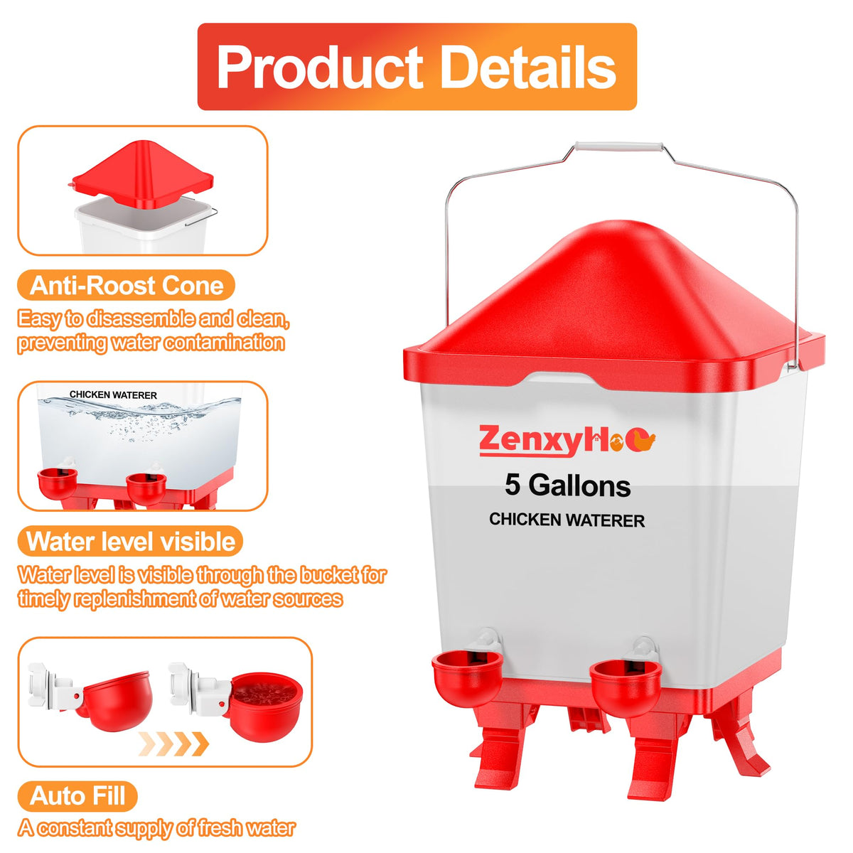 5.0 Gal Chicken Waterer Bucket with 4 Cups K872