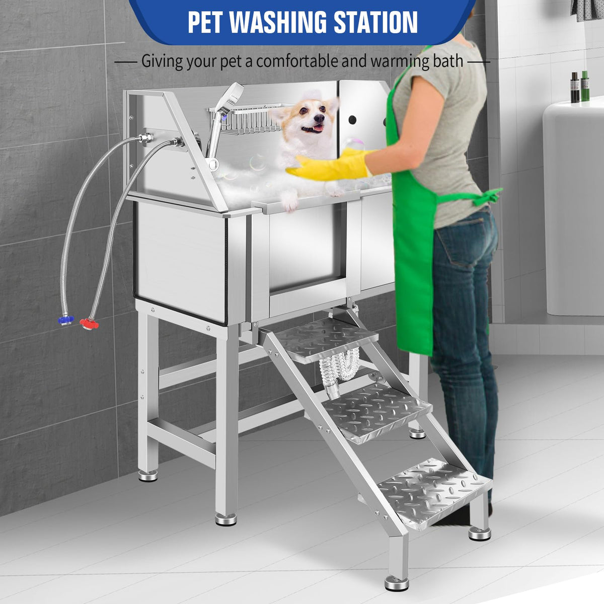 34 Inch Stainless Steel Dog Grooming Bathtub with Anti-Slip Stairs Q304