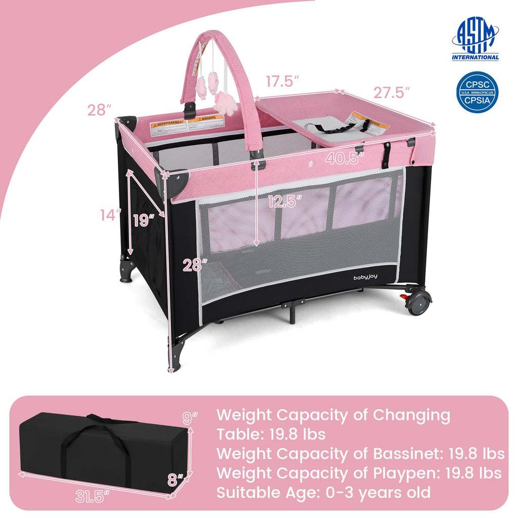 3 in 1 Pink Pack and Play Baby Crib Bassinet S708