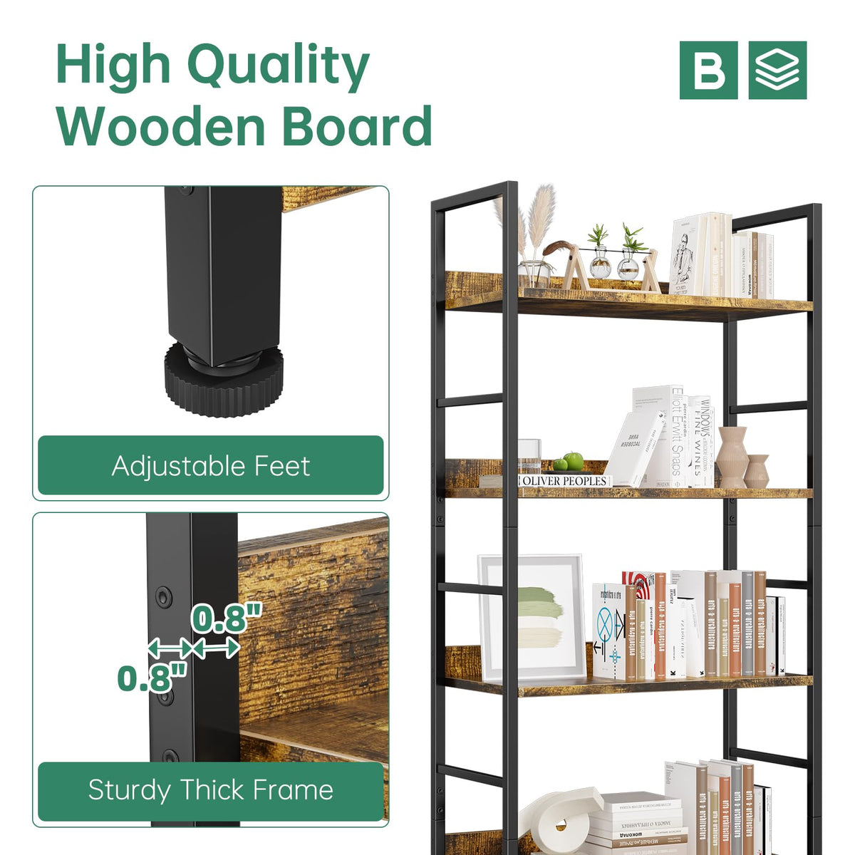 5 Tier Wood and Black Metal Bookshelf P741487