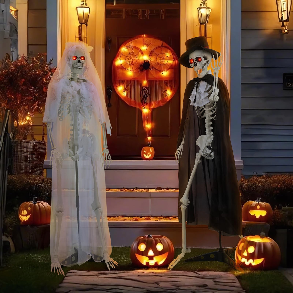 2 Pack Life Size Skeleton Bride and Groom with LED Glowing Eyes and Movable Joints D5386