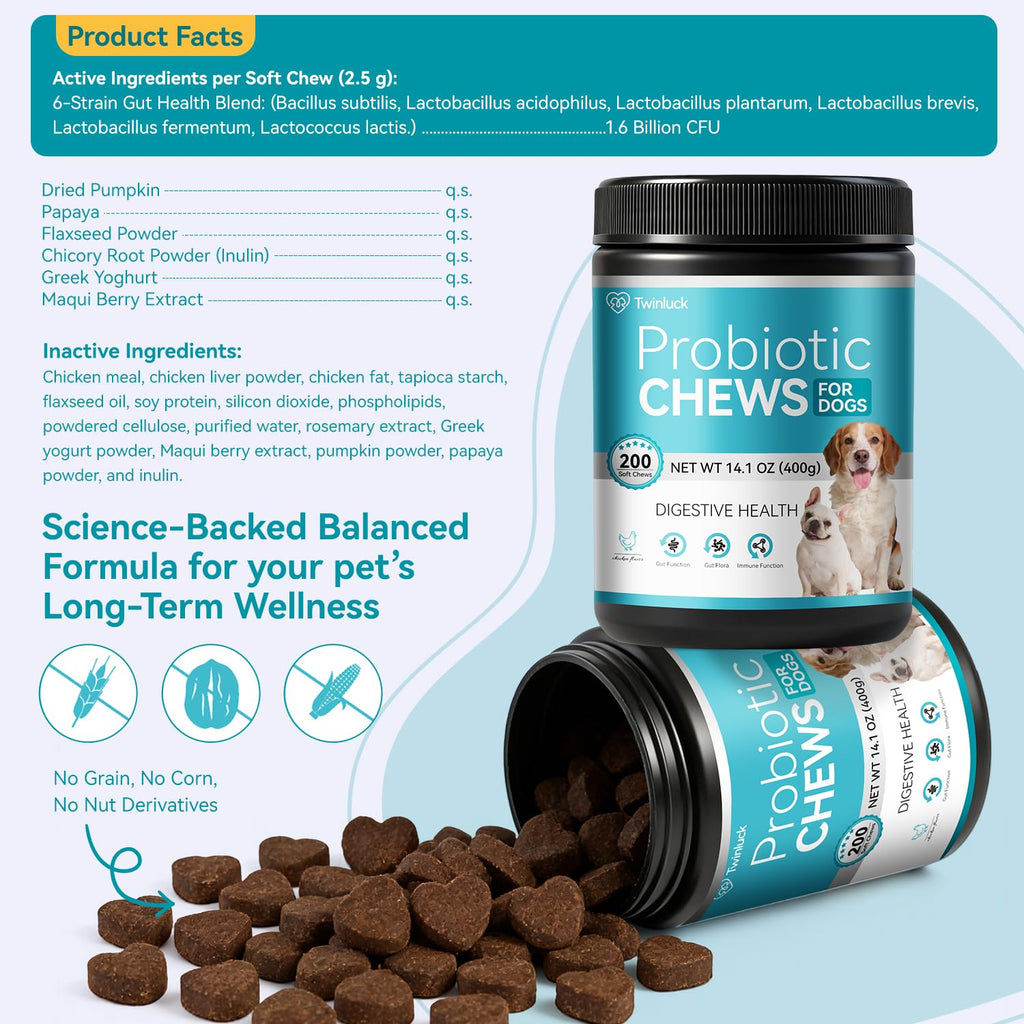 Probiotics for Dogs, 200 Soft Chews with Digestive Enzymes and Prebiotics W74836