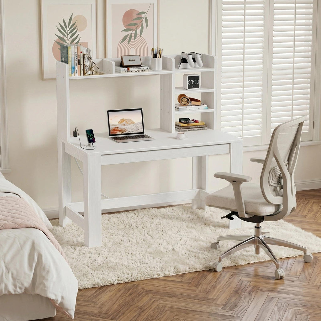 White Student Desk with Hutch and Built-in Power Outlet D3681