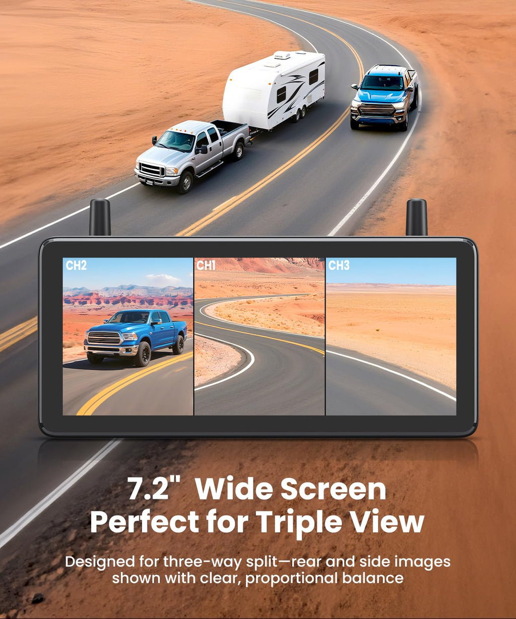 Wireless RV Backup Camera System with 7.2” 3 Split-Screen Monitor W769