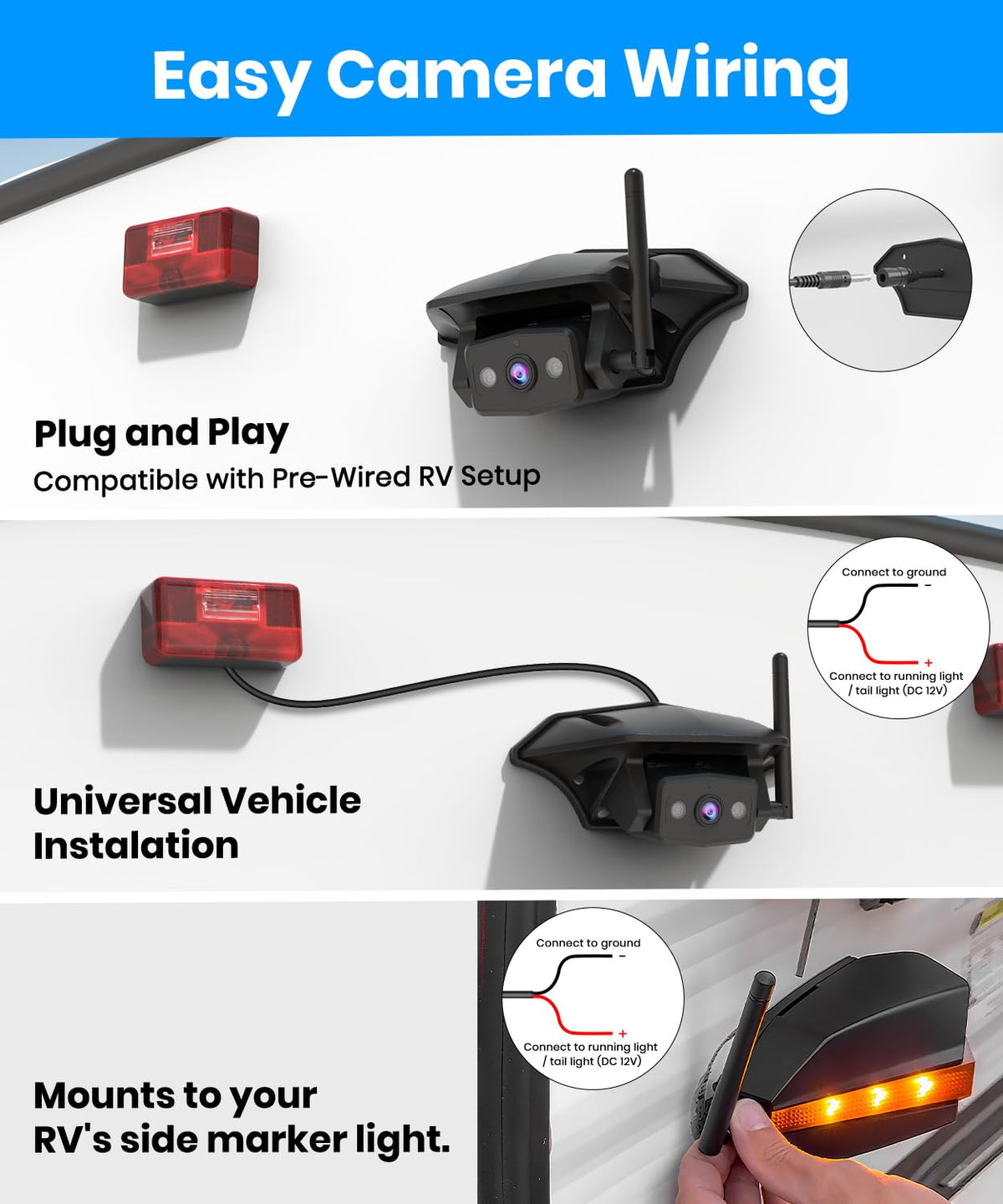 Wireless RV Backup Camera System with 7.2” 3 Split-Screen Monitor W769
