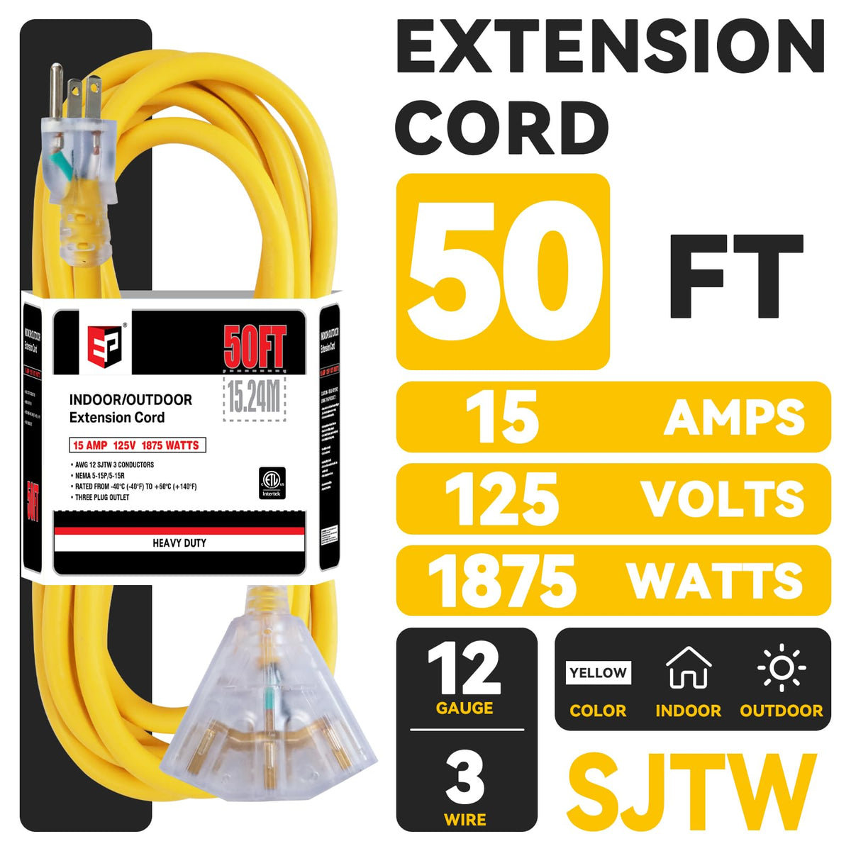 50 Ft Outdoor Extension Cord 3 Outlets Yellow X205