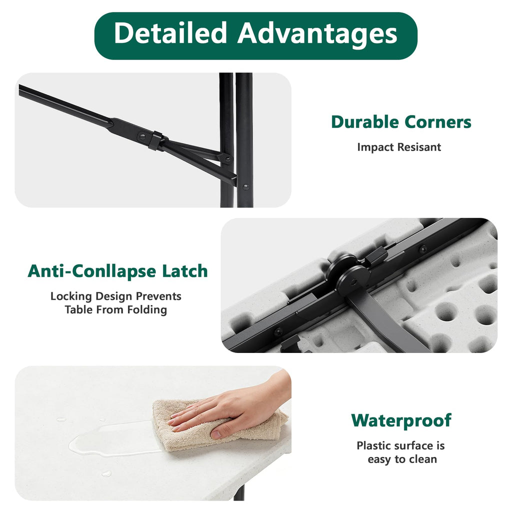 6FT Folding Table, Heavy Duty Plastic Utility Table with Handle, White, 2 Pack P349
