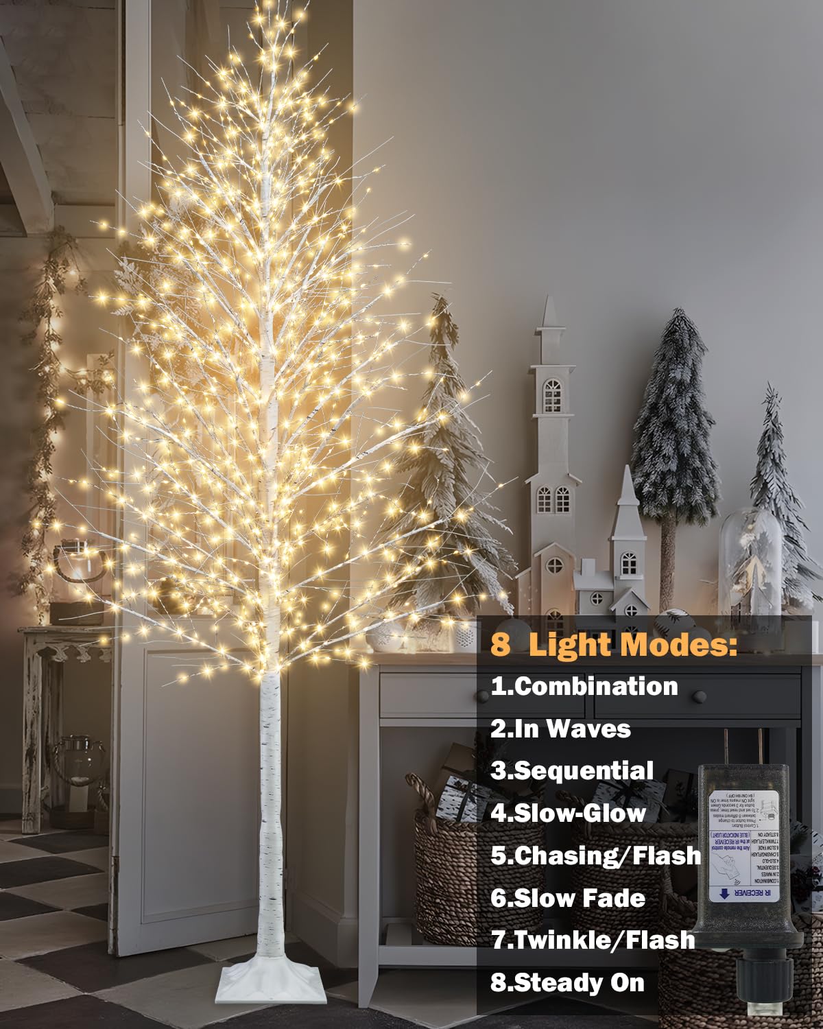 8FT Lighted White Artificial Christmas Twig Tree with 1440 Warm White LEDs Q90705