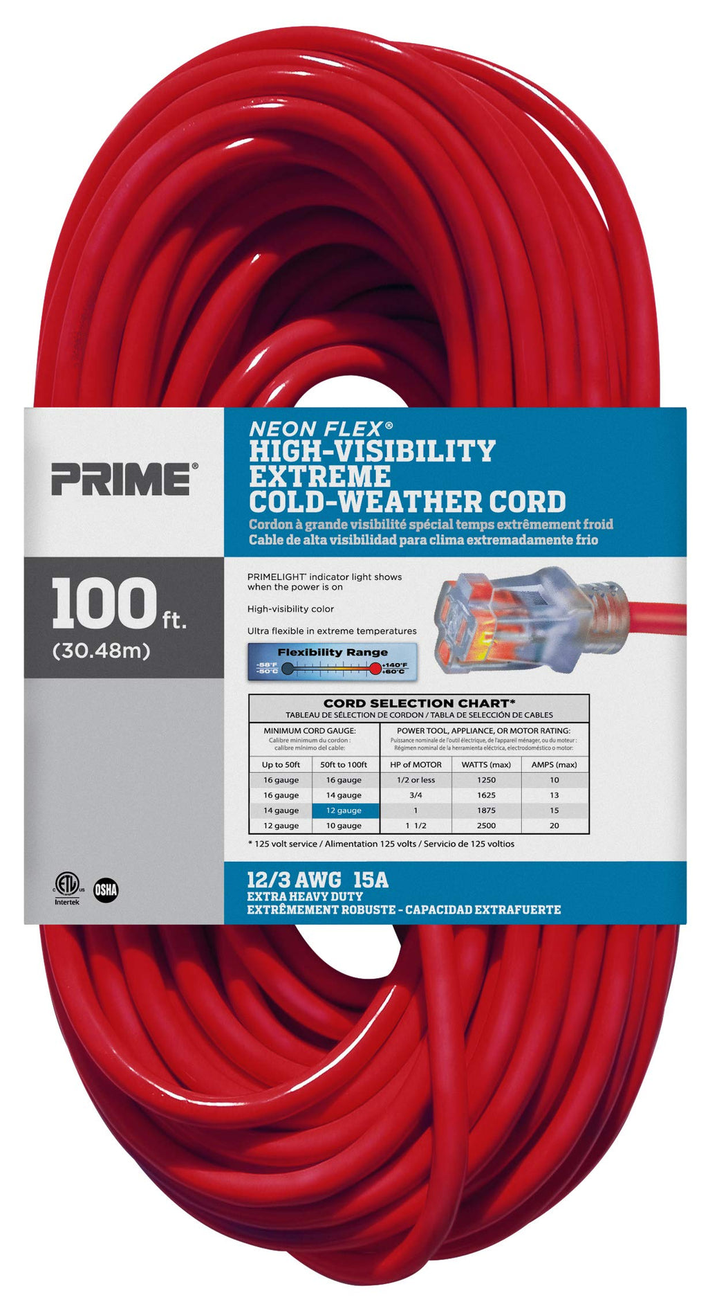 100-Foot 12/3 SJTW Outdoor Extension Cord with Light Indicator, Neon Red R677