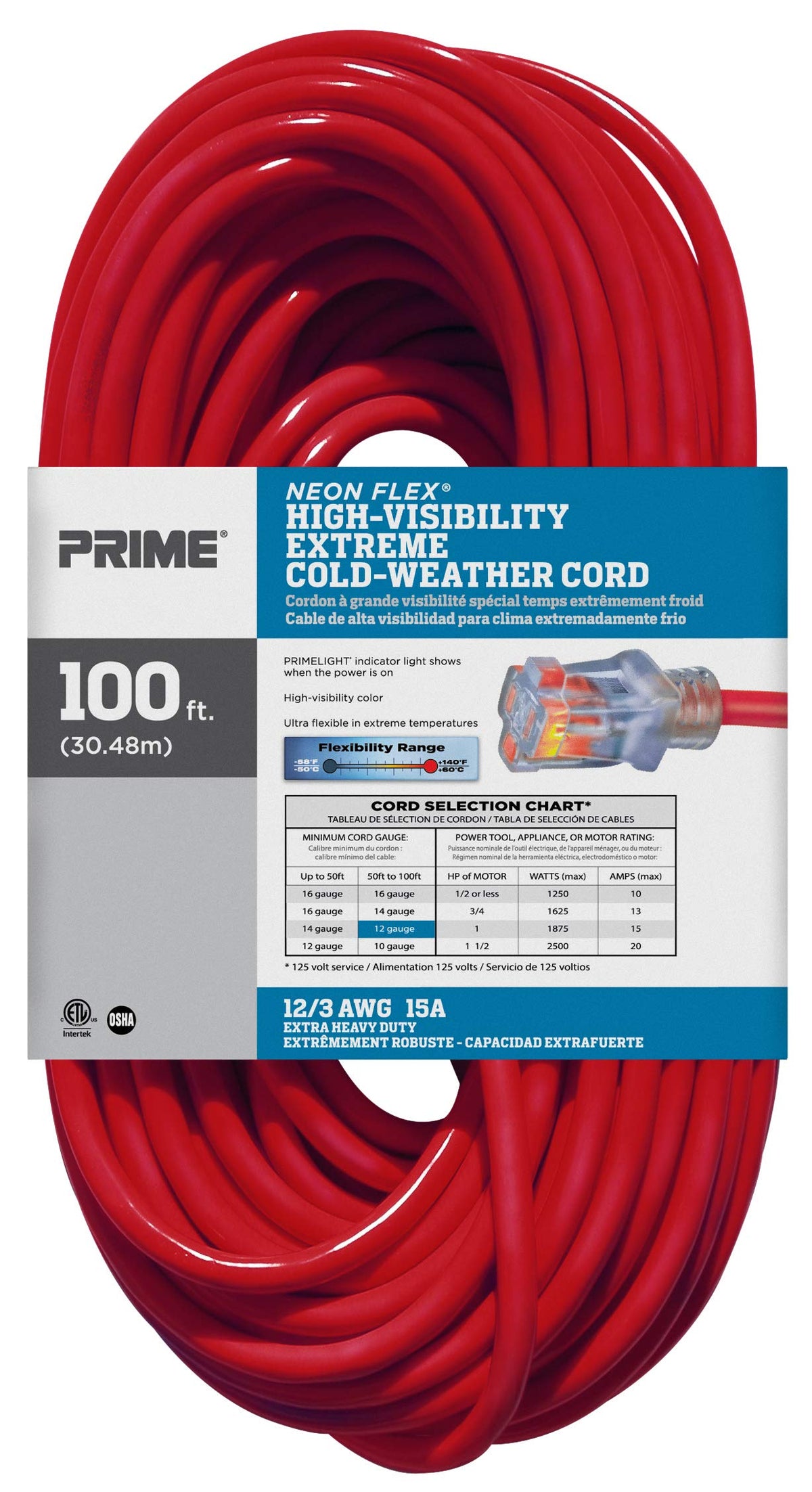 100-Foot 12/3 SJTW Outdoor Extension Cord with Light Indicator, Neon Red R677