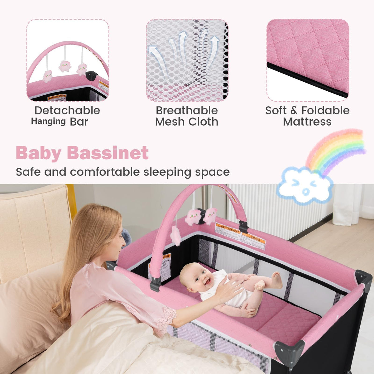 3 in 1 Pink Pack and Play Baby Crib Bassinet S708