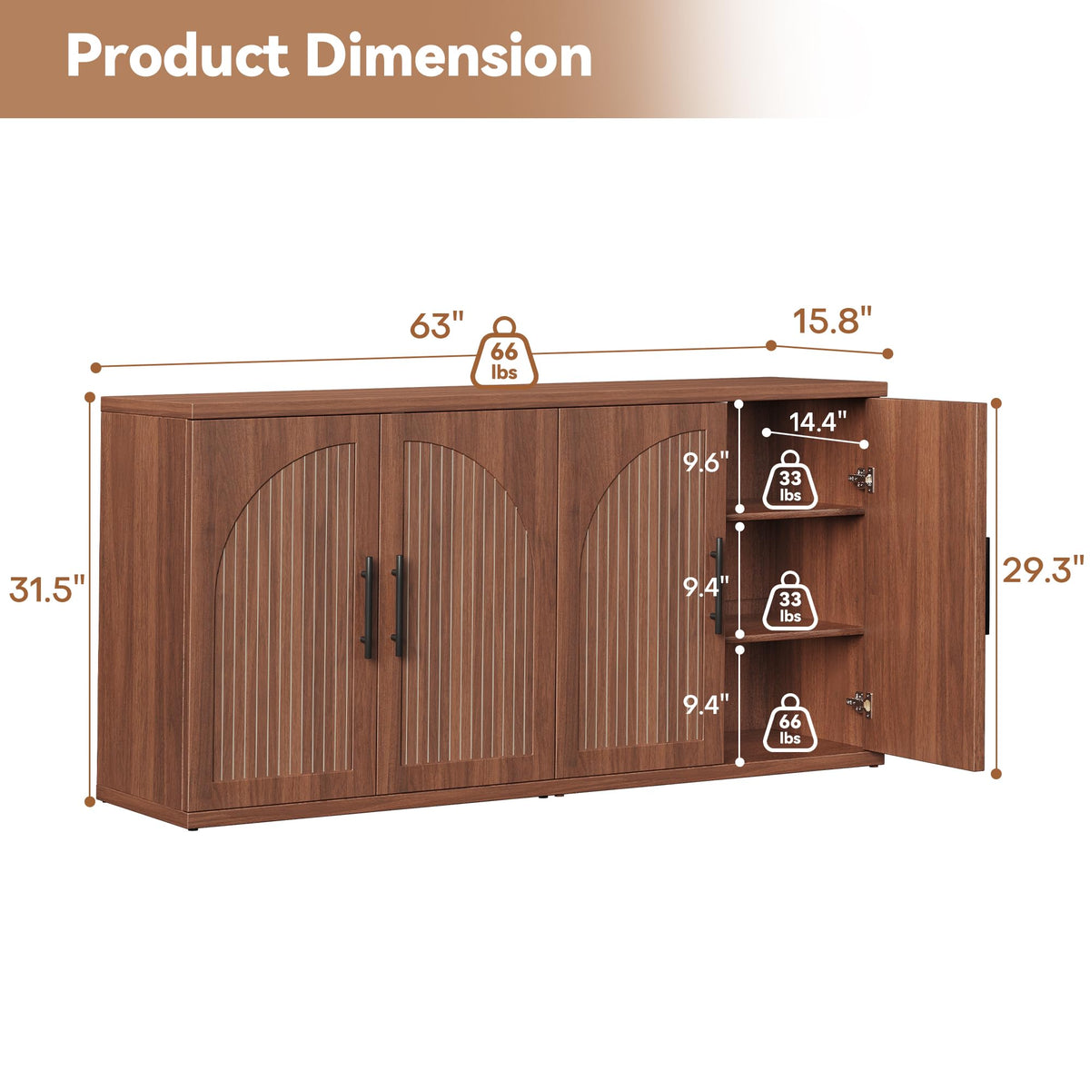 63" Fluted Walnut Credenza with Adjustable Shelf V415