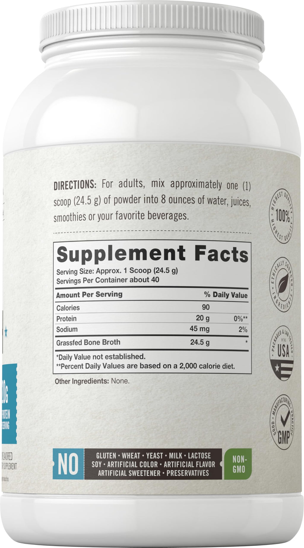 Grass Fed Bone Broth Protein Powder 35.2 oz 20g Protein Non-GMO Gluten Free A3530