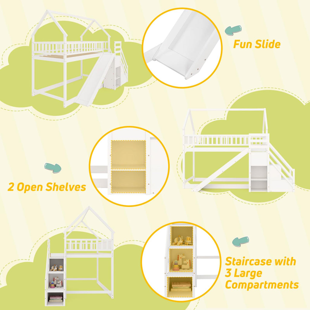 White Twin Over Twin Wood Bunk Bed with Slide and Stairs R954