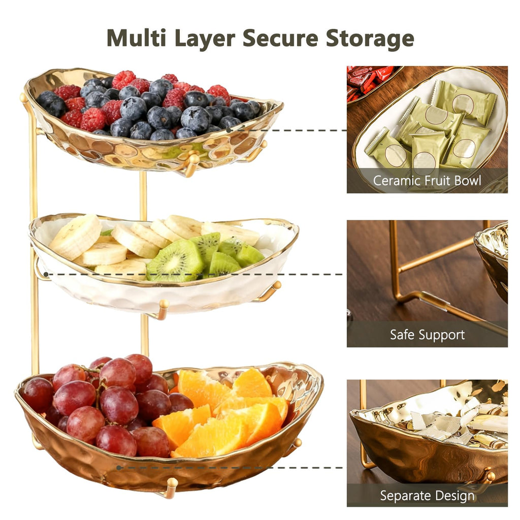 3 Tier Ceramic Fruit Bowl with Metal Stand W2726