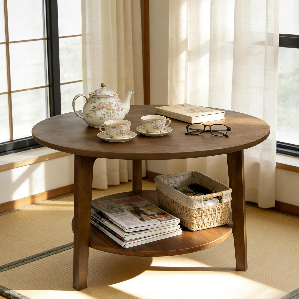 2-Tier Round Wood Coffee Table with Storage Shelf S9811
