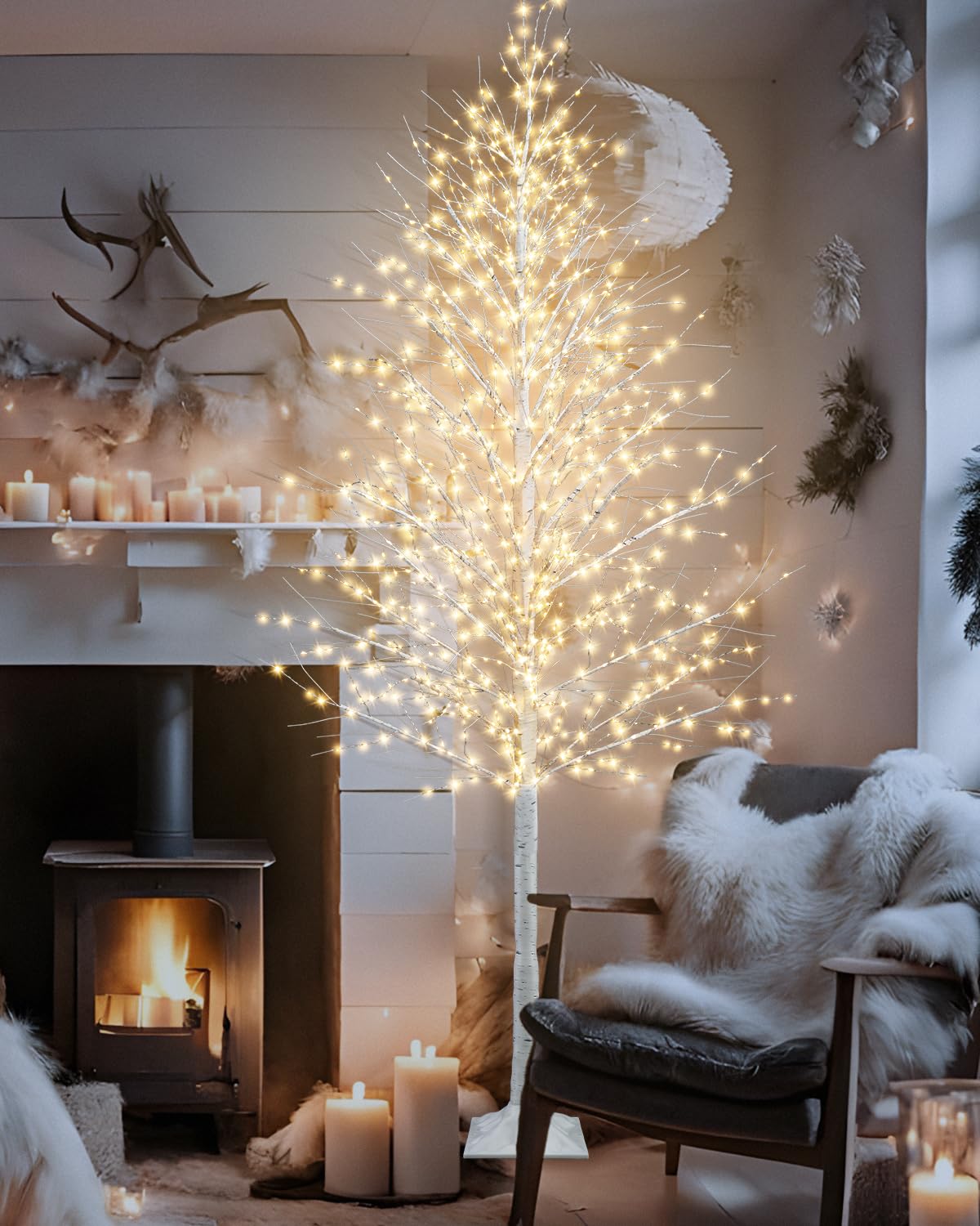 8FT Lighted White Artificial Christmas Twig Tree with 1440 Warm White LEDs Q90705