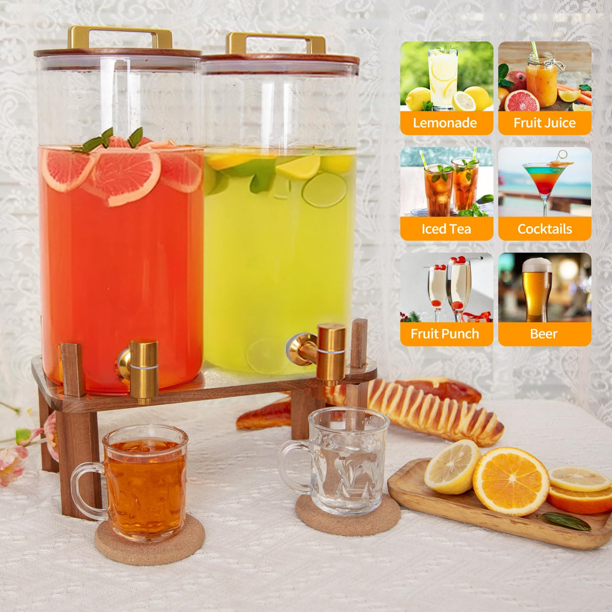 2 Pack 1.5 Gallon Glass Beverage Dispenser with Wooden Lid I562964