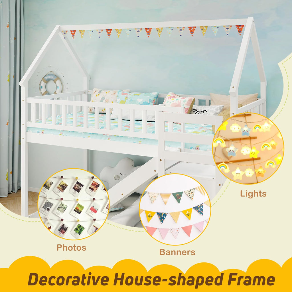 White Twin Over Twin Wood Bunk Bed with Slide and Stairs R954