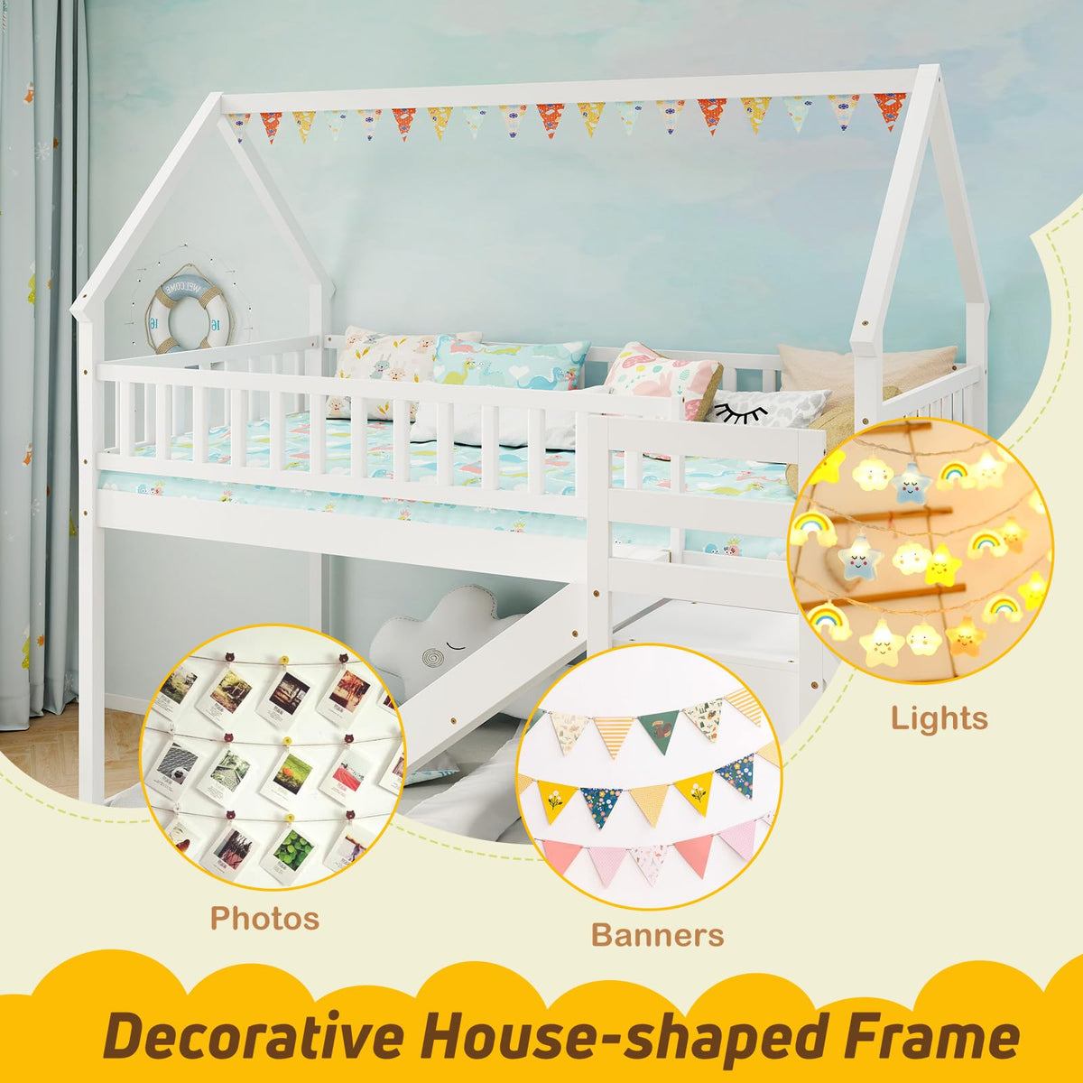 White Twin Over Twin Wood Bunk Bed with Slide and Stairs R954