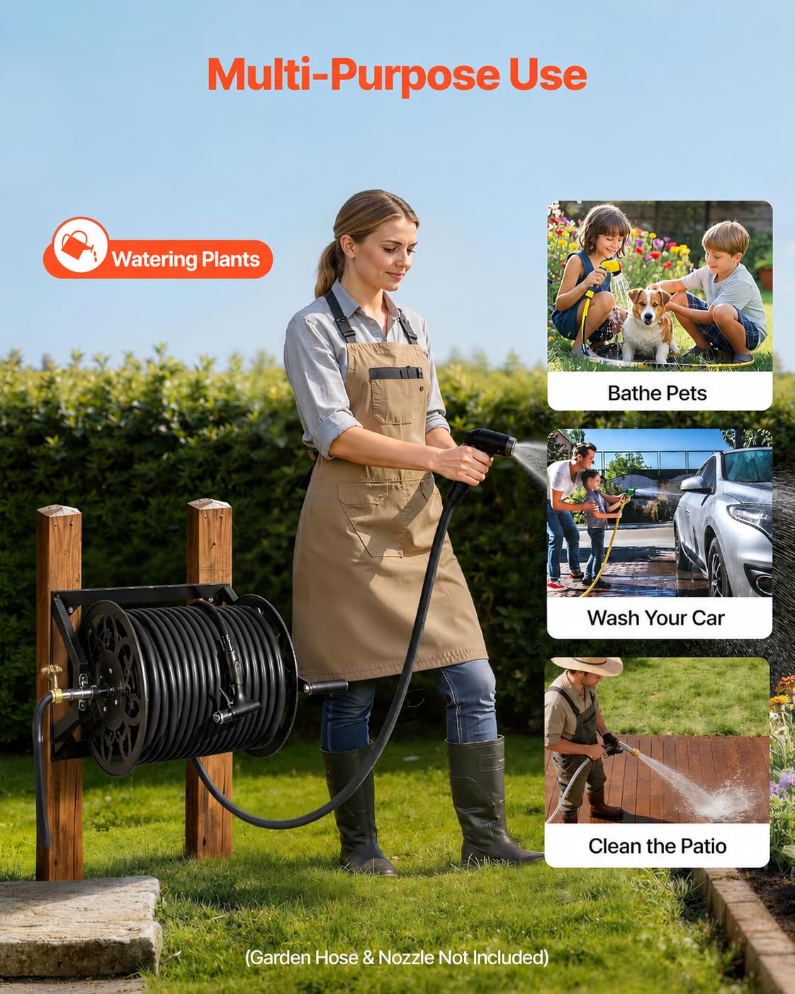 Wall Mounted Garden Hose Reel, Holds 200 ft 5/8" Hose, Heavy-Duty Steel Manual Winder L420