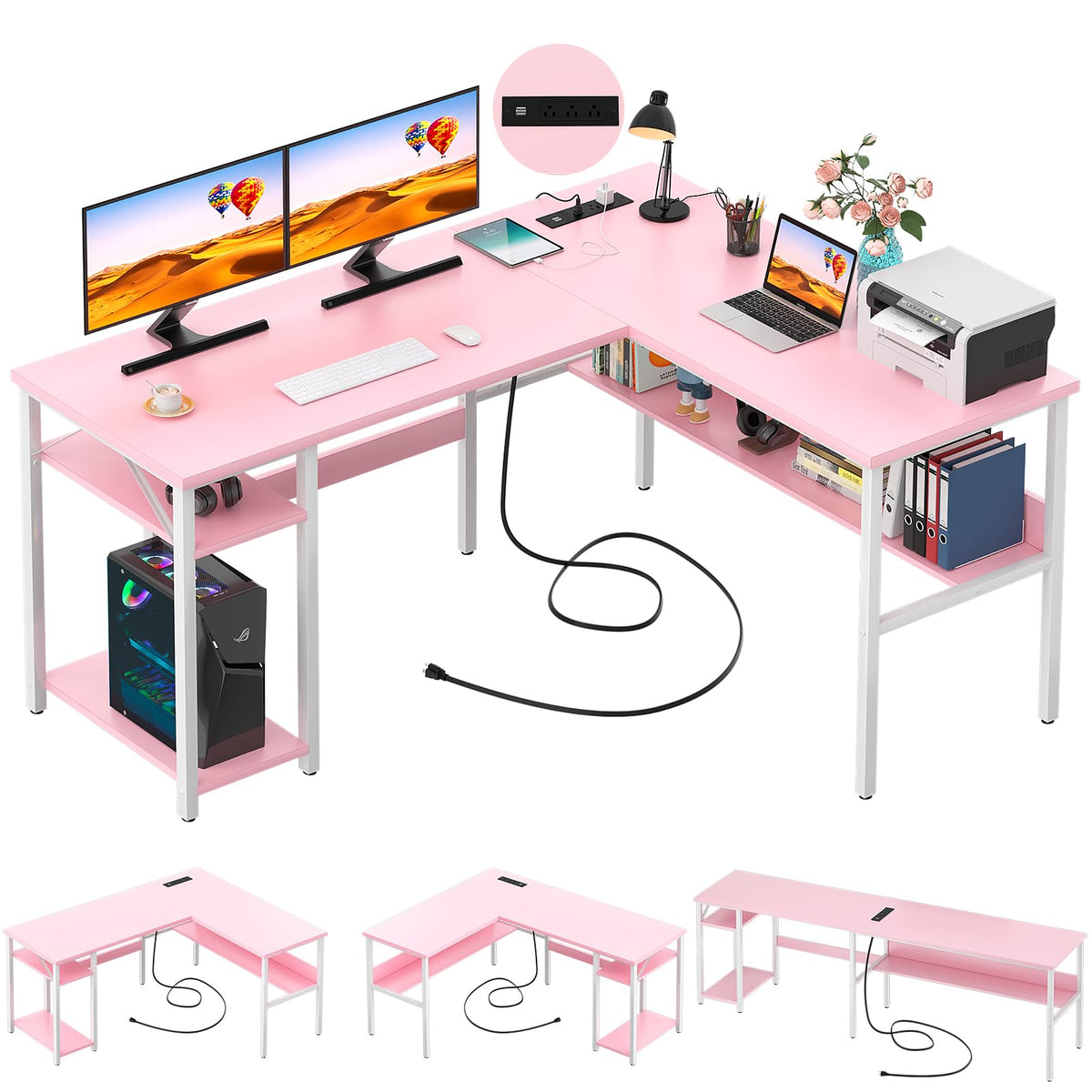 Pink L Shaped Desk with Power Outlets and USB Charging Ports D116920