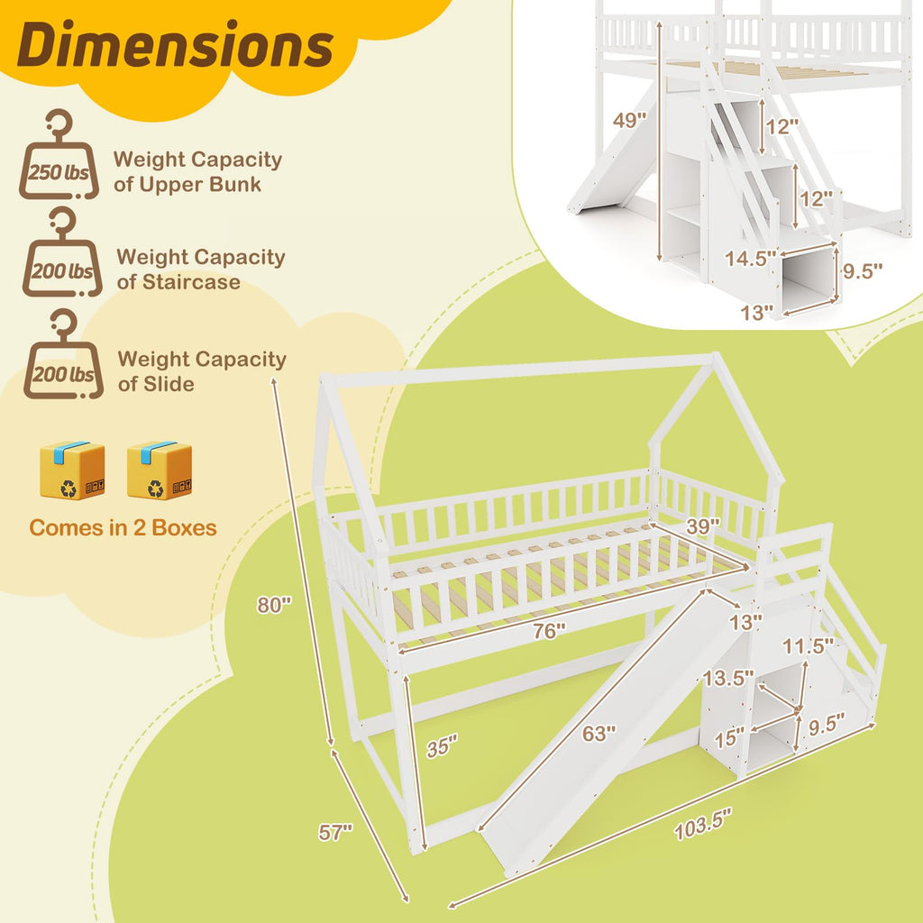 White Twin Over Twin Wood Bunk Bed with Slide and Stairs R954