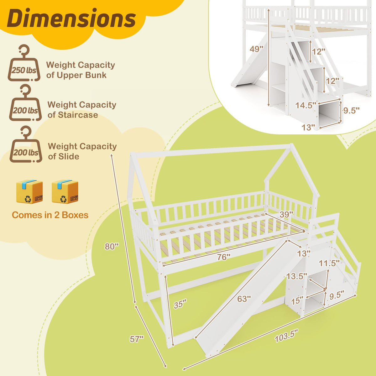White Twin Over Twin Wood Bunk Bed with Slide and Stairs R954
