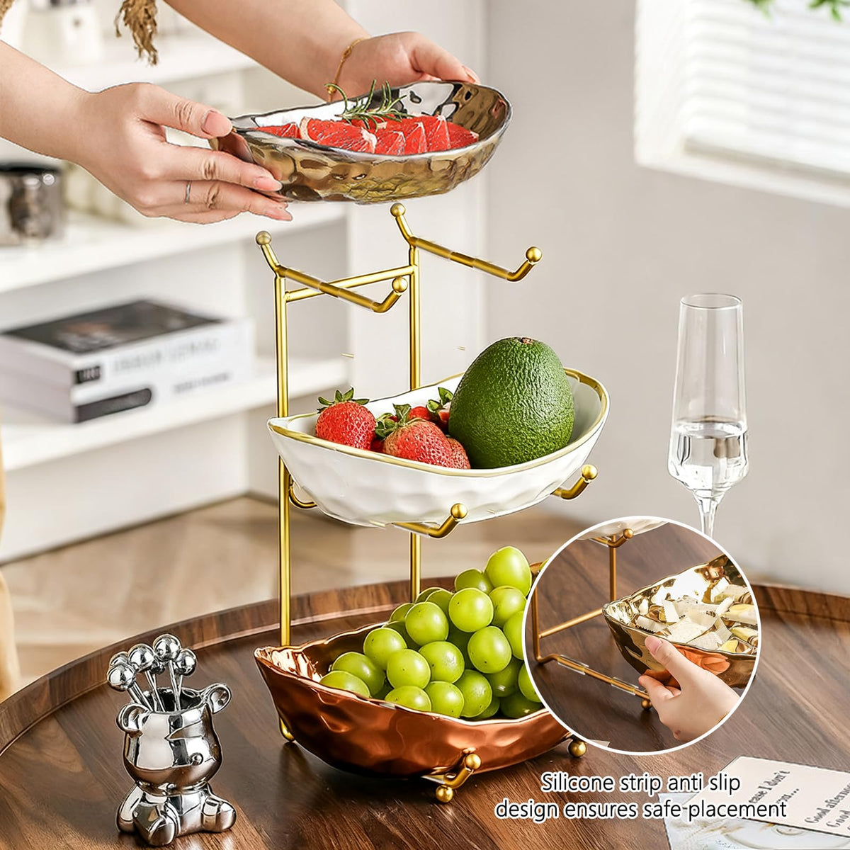 3 Tier Ceramic Fruit Bowl with Metal Stand W2726
