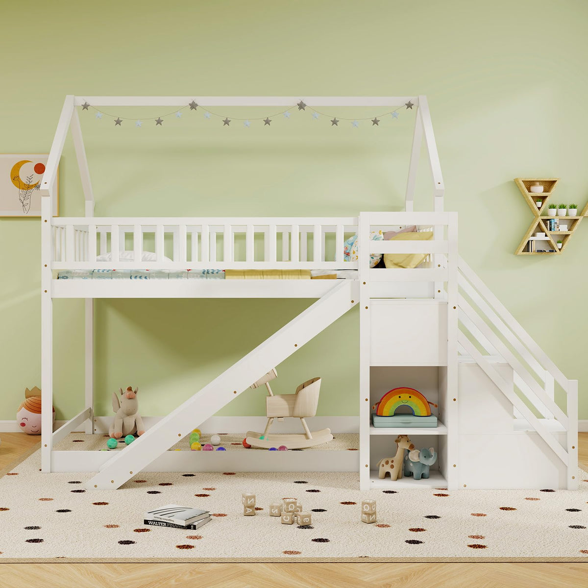 White Twin Over Twin Wood Bunk Bed with Slide and Stairs R954