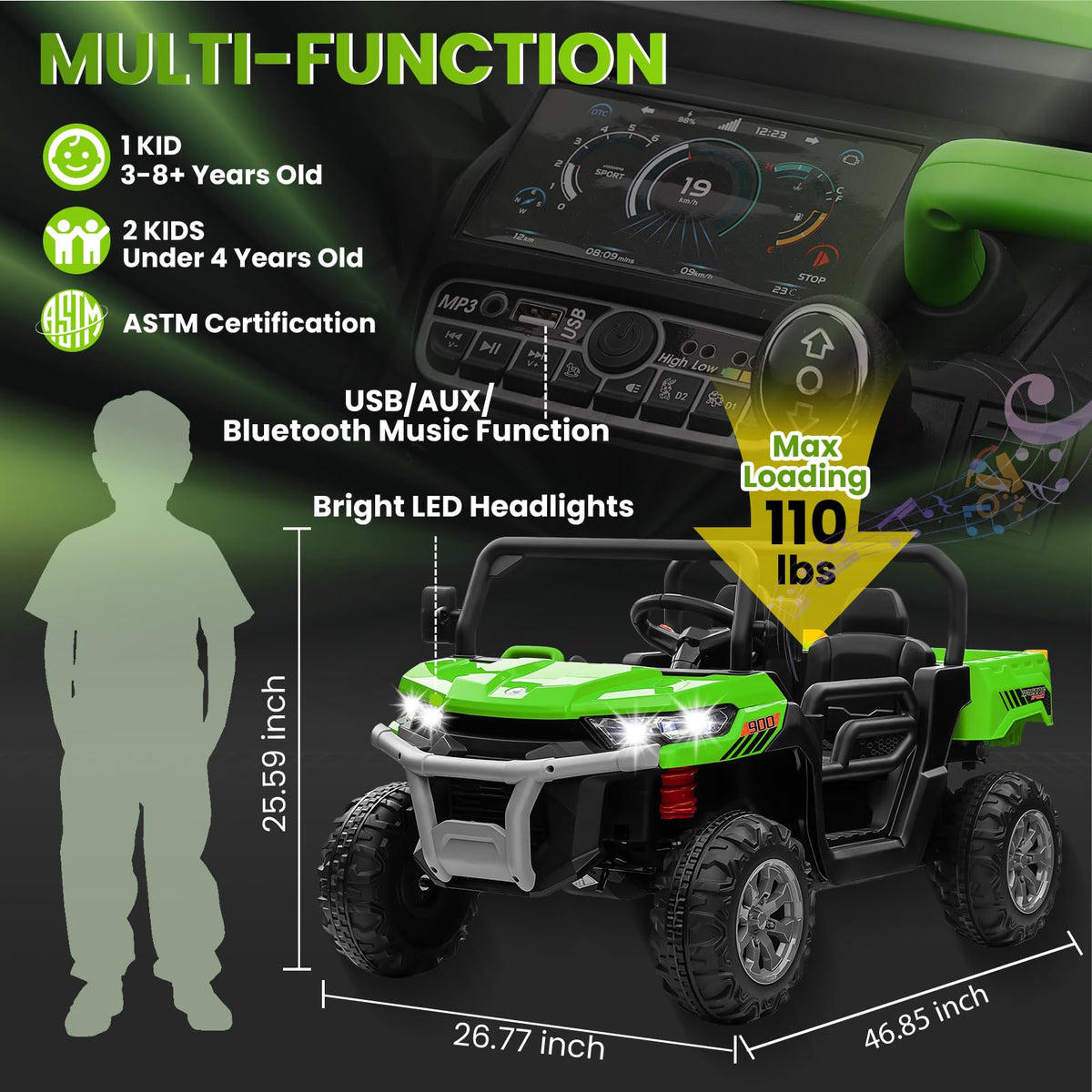24V 4WD Ride on Truck Car with Dump Bed, 2 Seaters, Remote Control, Green A975