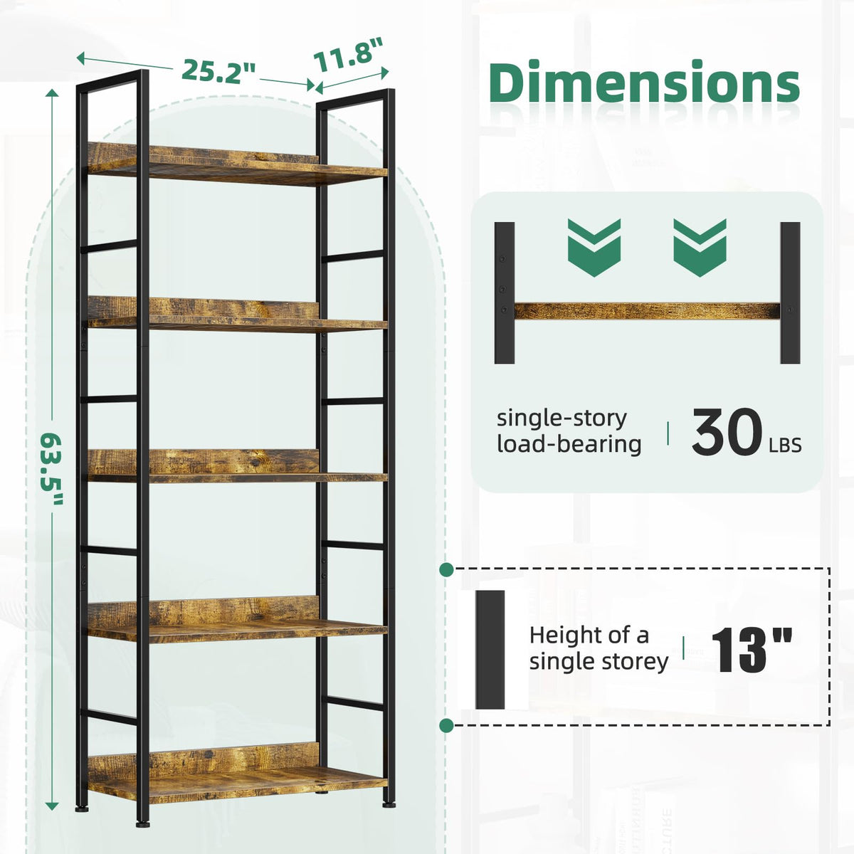 5 Tier Wood and Black Metal Bookshelf P741487