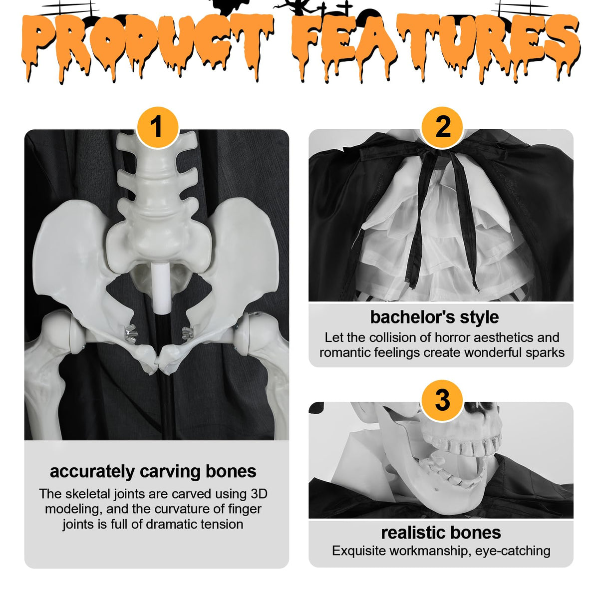 2 Pack Life Size Skeleton Bride and Groom with LED Glowing Eyes and Movable Joints D5386