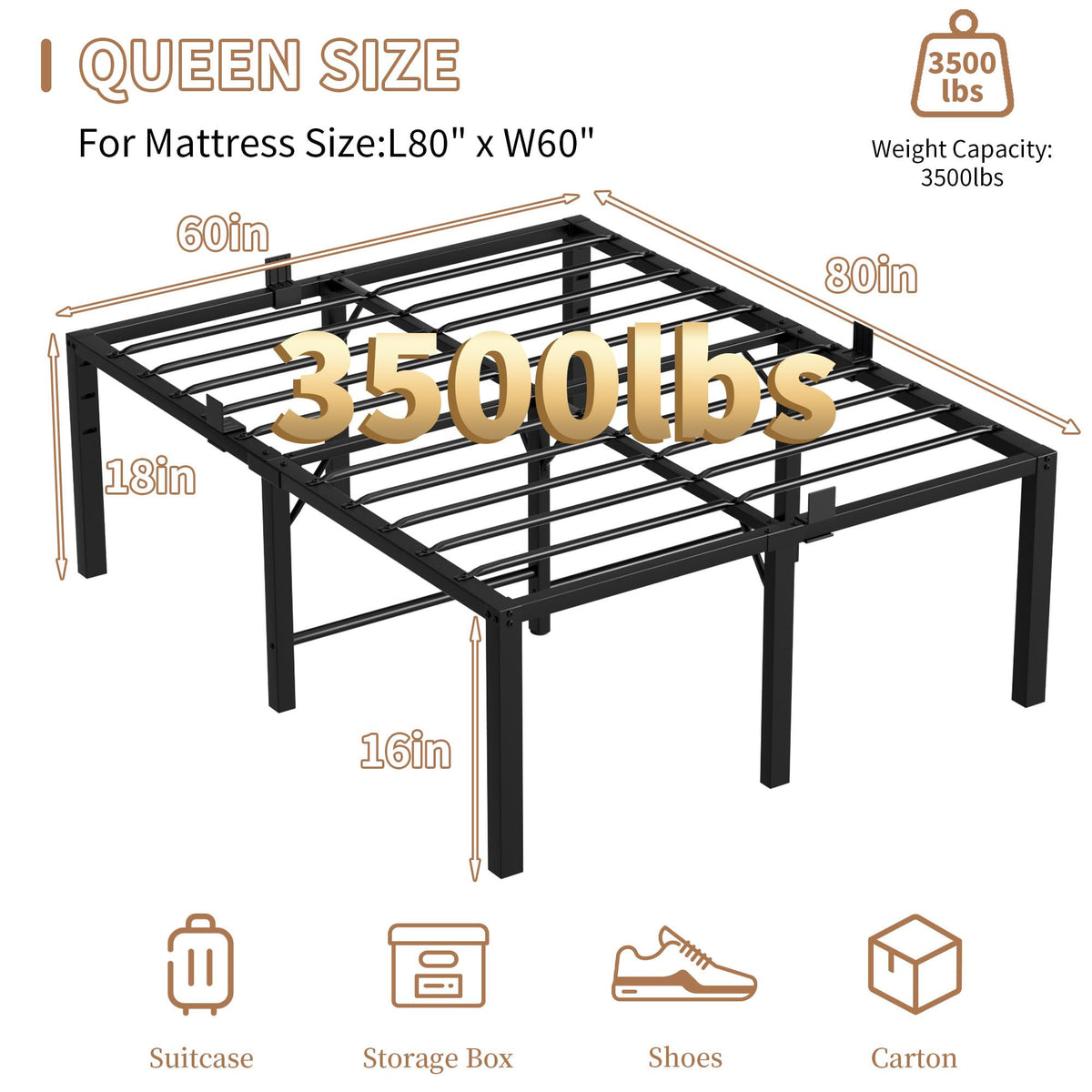 18 Inch Queen Size Black Metal Platform Bed Frame Z252178