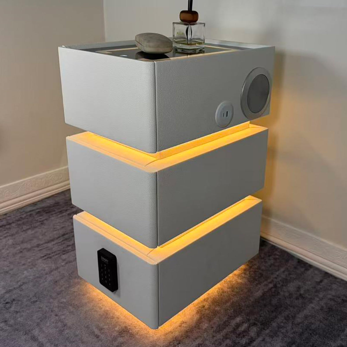 White 3 Drawer Faux Leather Nightstand with Charging Station C63154