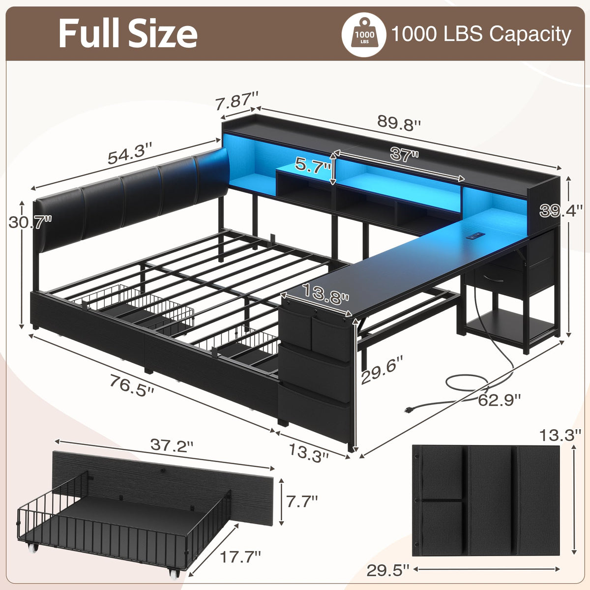 Black Corner Bed Frame Full with Storage and Desk X755